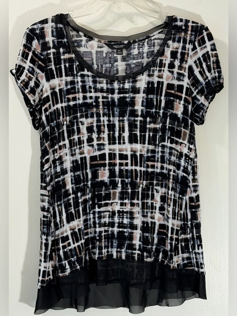Simply Vera Vera Wang Black, White & Taupe Grid Short Sleeve Top with Sheer Hem